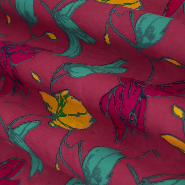 Magenta Chanderi Floral Print Fabric