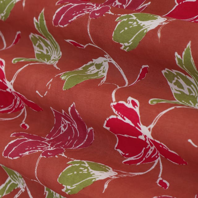 Tangy Red Chanderi Floral Print Fabric