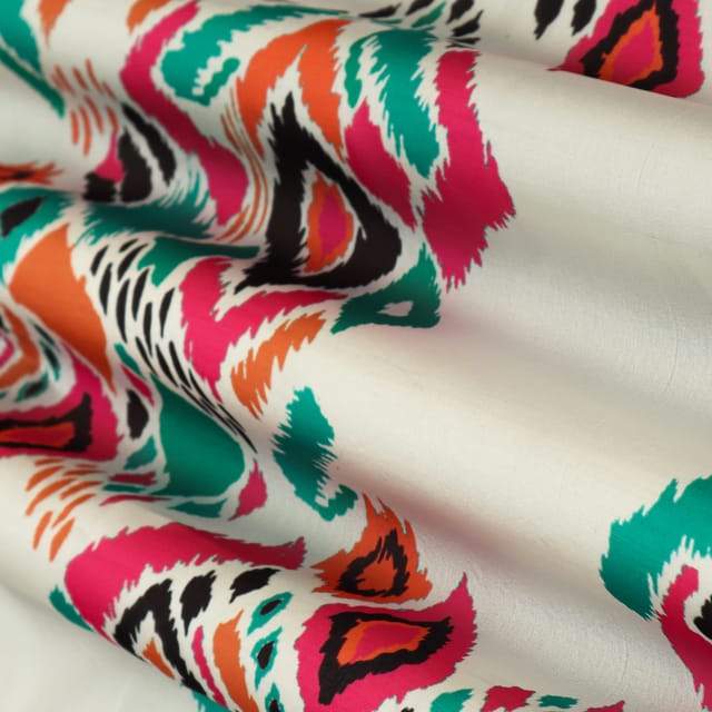 Pristine White with Multicoloured Print Georgette Satin Fabric