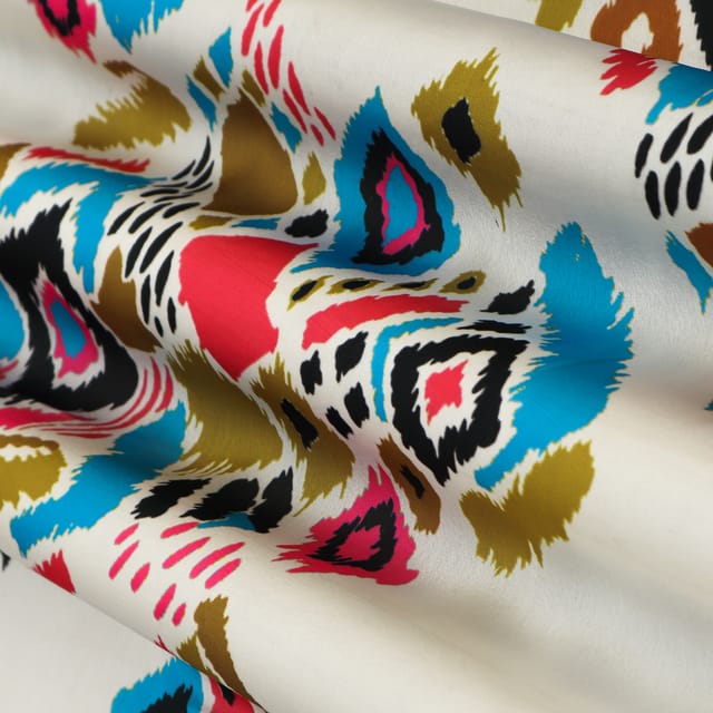 Pristine White with Multicoloured Print Georgette Satin Fabric