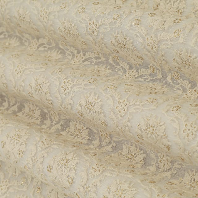 Ivory Linen Motif Threadwork Sequin Embroidery Fabric
