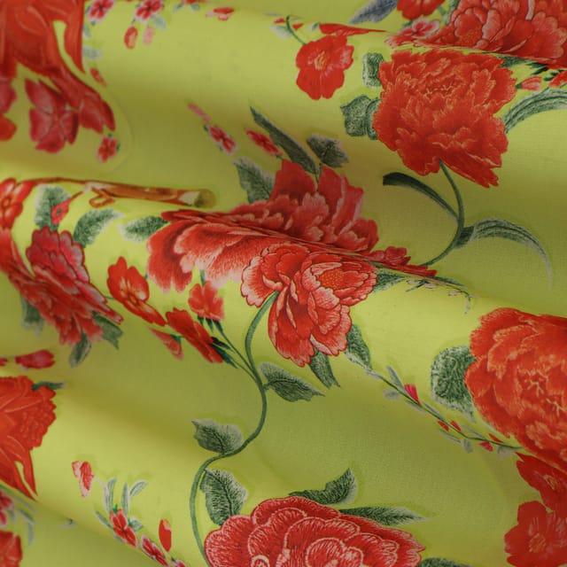 Parrot Green Georgette Floral Print Fabric