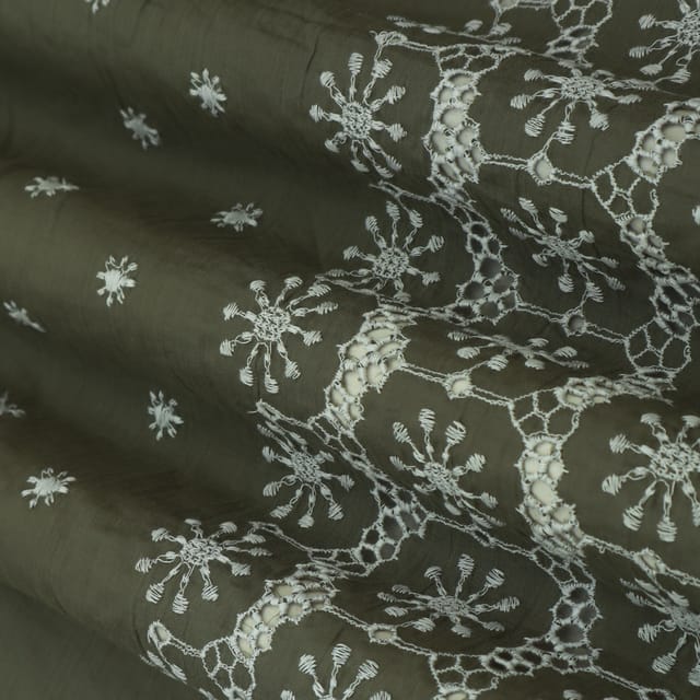 Olive Green Cotton Threadwork Floral Embroidery Fabric