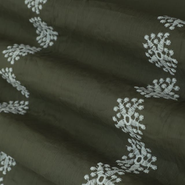 Moss Green Cotton Threadwork Floral Embroidery Fabric