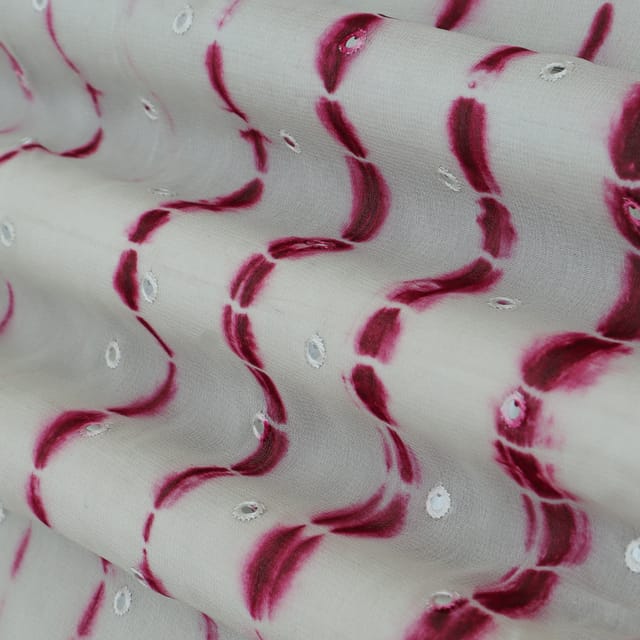 Magenta & White Georgette Mirror Work Shibhori Embroidery Fabric