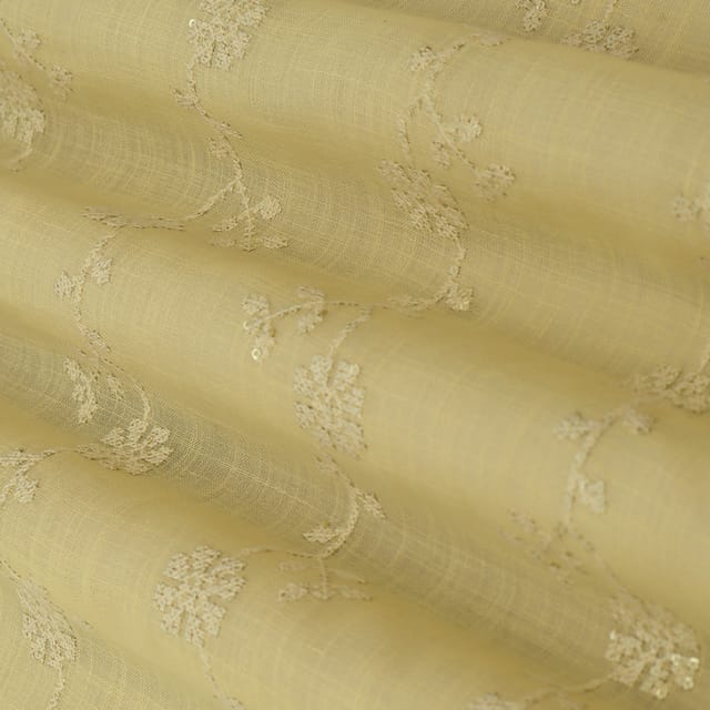 Light Yellow Linen Floral Threadwork Sequin Embroidery Fabric