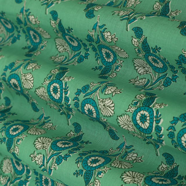 Seafoam Green Cotton Floral Print Fabric