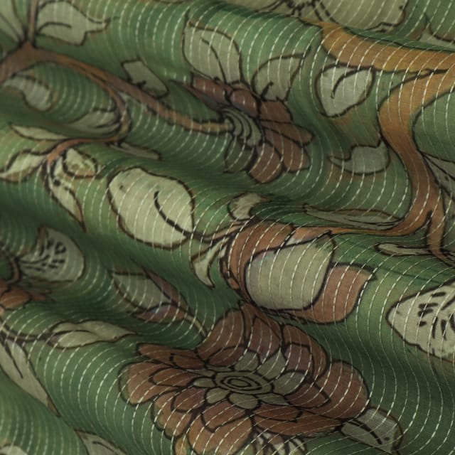 Moss Green Chanderi Floral Print Embroidery Fabric