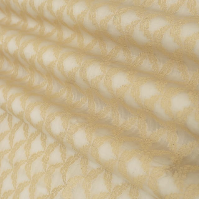 Off White Chanderi Brocade Dim Golden Zari Scale Pattern Work Fabric