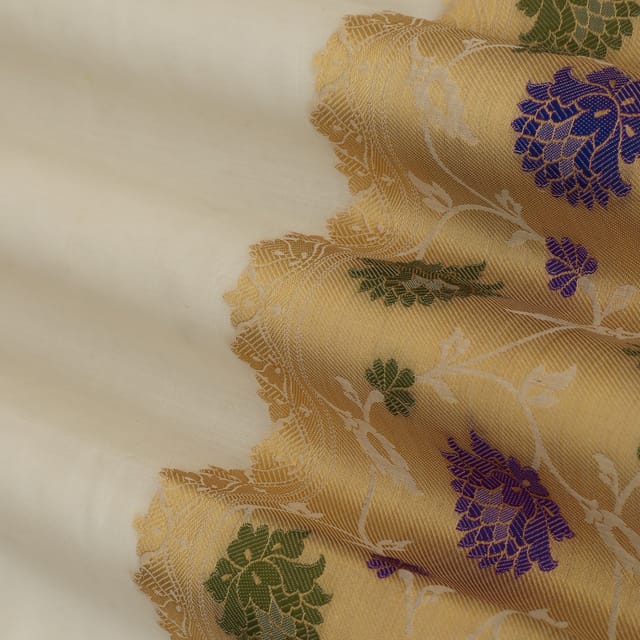 Faded Beige Chanderi Brocade Golden Zari Floral Border Work Fabric