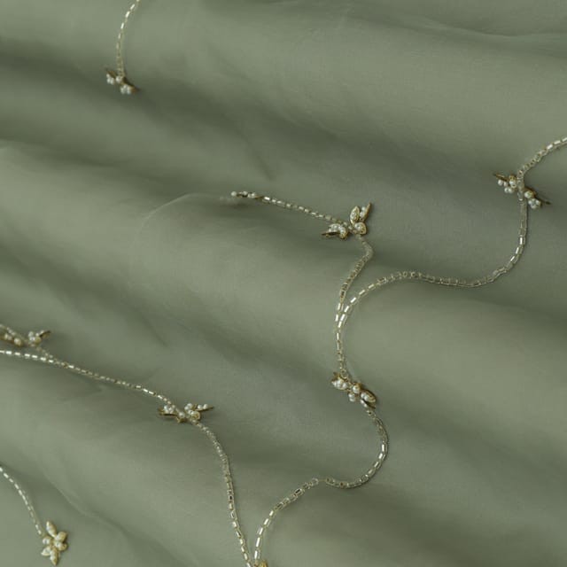 Gray Organza Floral Beads Embroidery Fabric