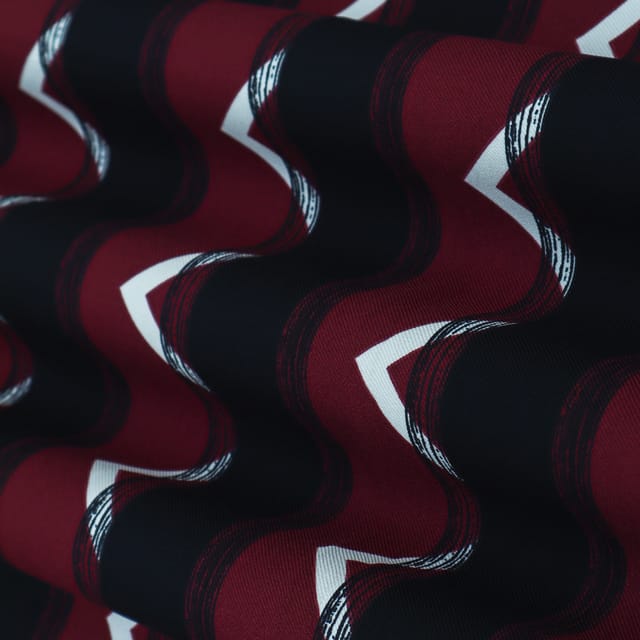 Maroon & Black Banana Crepe Stripe Print Fabric