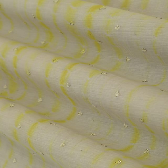 Light Yellow Mulmul Cotton Tie & Dye Print Floral Sequin Embroidery Fabric