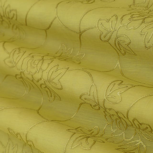 Bright Yellow Chanderi Silk Floral Sequin Embroidery Fabric