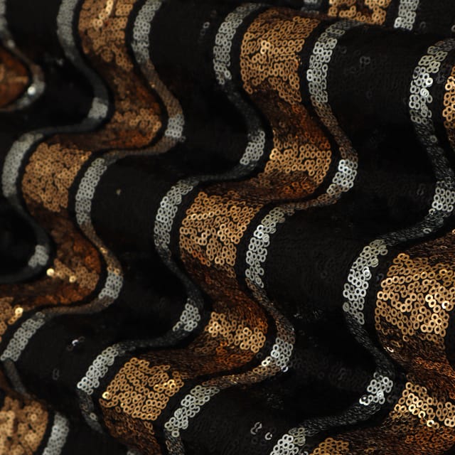 Raven Black Georgette Brown Golden Stripe Sequin Embroidery Fabric