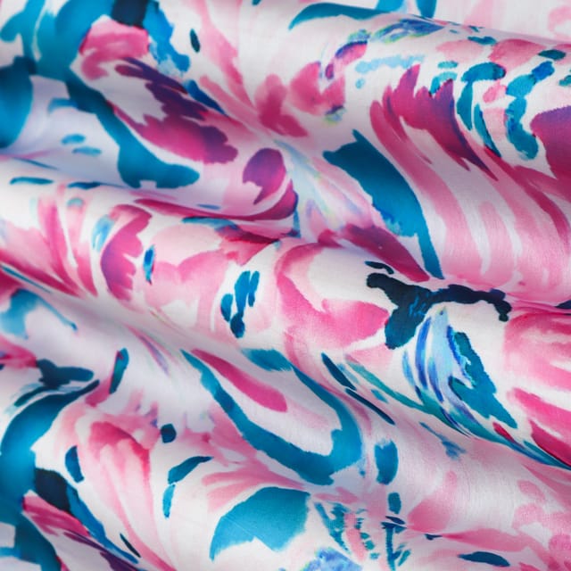 Pink and Blue abstract Print Georgette Satin Fabric