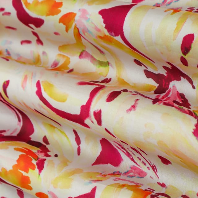 Pink and Yellow abstract Print Georgette Satin Fabric
