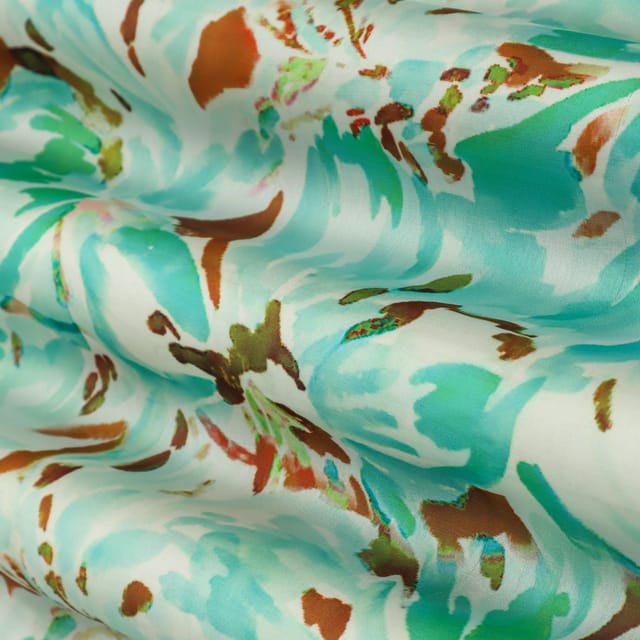 Blue and Brown abstract Print Georgette Satin Fabric