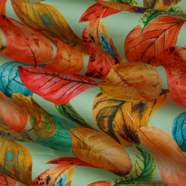 Multicoloured Leaf Print Georgette Satin Fabric