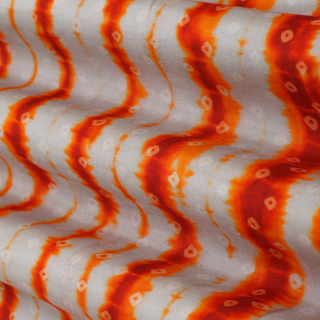 Neon Orange and White Abstract Print Mulmul Silk Fabric