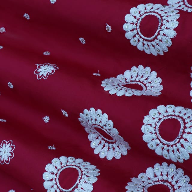 Maroon Red with White Embroidery Cotton Fabric