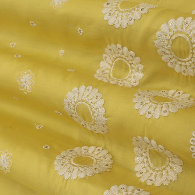 Canary Yellow with White Embroidery Cotton Fabric