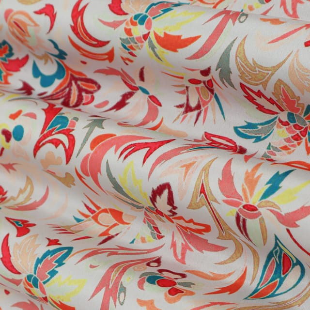 Pristine White with Multicoloured Floral Print Crepe Fabric