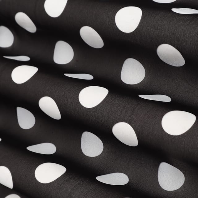 Charcoal Black and White Polka Dot Print Georgette Fabric