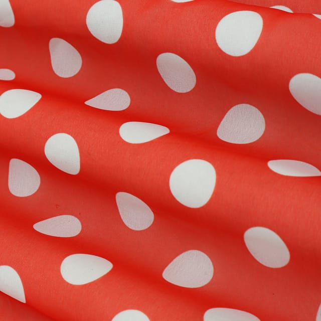 Scarlet Red and White Polka Dot Print Georgette Fabric