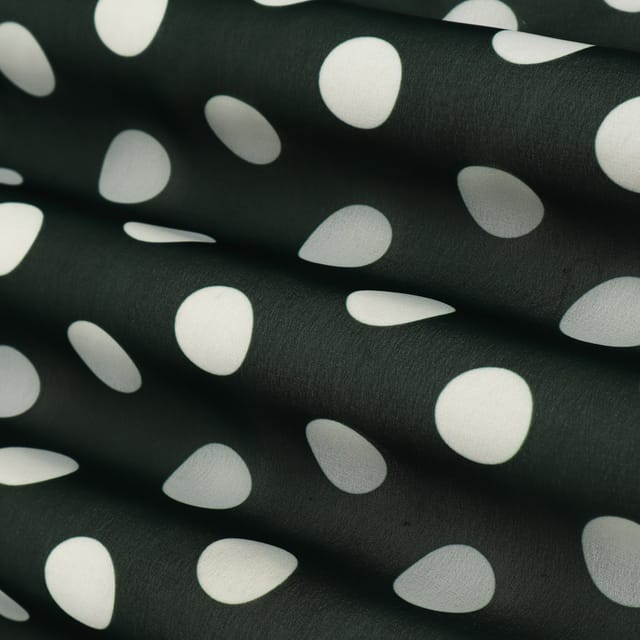 Steel Grey and White Polka Dot Print Georgette Fabric