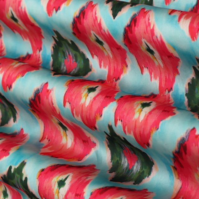 Sky Blue with Pink and Black Print Georgette Satin Fabric