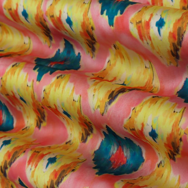 Baby Pink with Blue and Yellow Print Georgette Satin Fabric