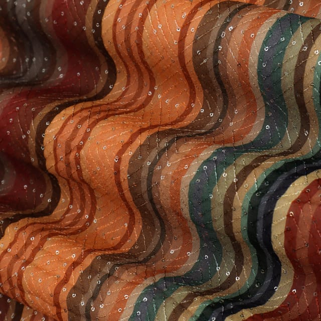 Dark Multitone Stripe Print Georgette Sequins Embroidery Fabric