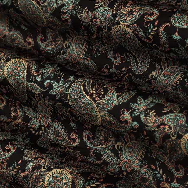 Charcoal Black Motif Print Tabby Silk Fabric