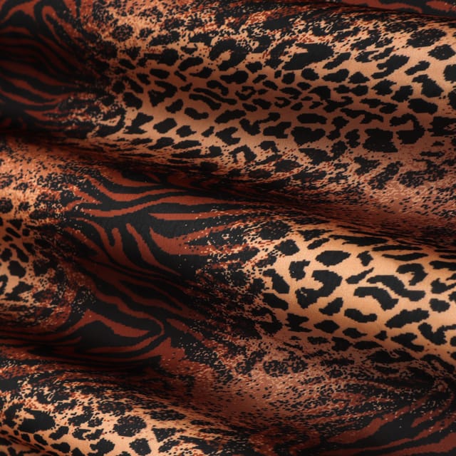 Dark Brown Mixed Animal Print Tabby Silk Fabric