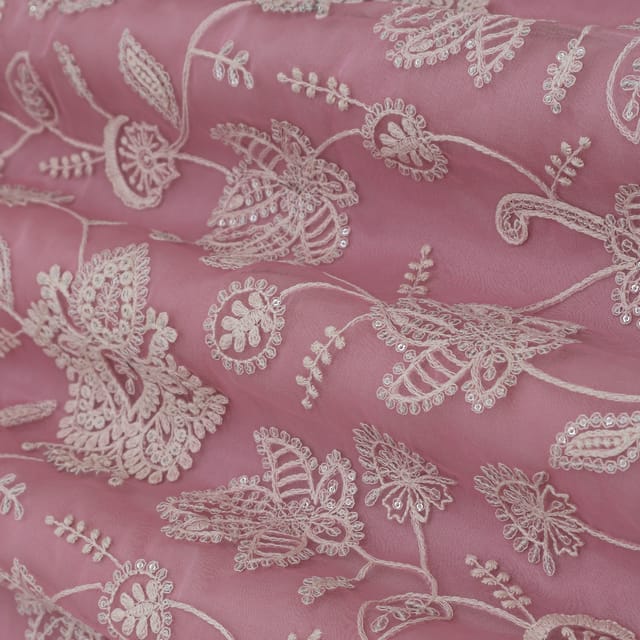 Baby Pink with Threadwork Embroidery Organza Fabric