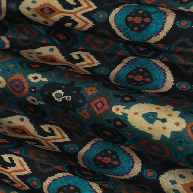 Turquoise Blue with Multicoloured Abstract Print Tussar Silk Fabric