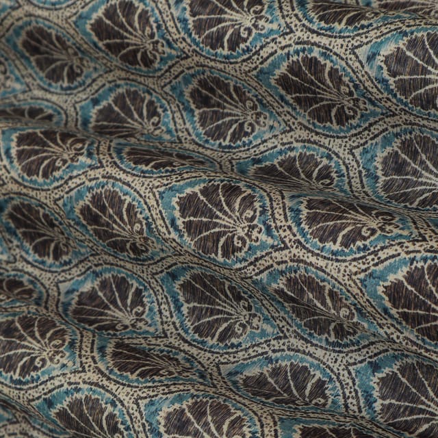 Steel Grey with Abstract Print Tussar Silk Fabric
