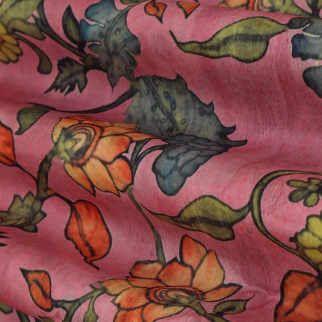 Blush Pink and Multicoloured Floral Print Tussar Silk Fabric