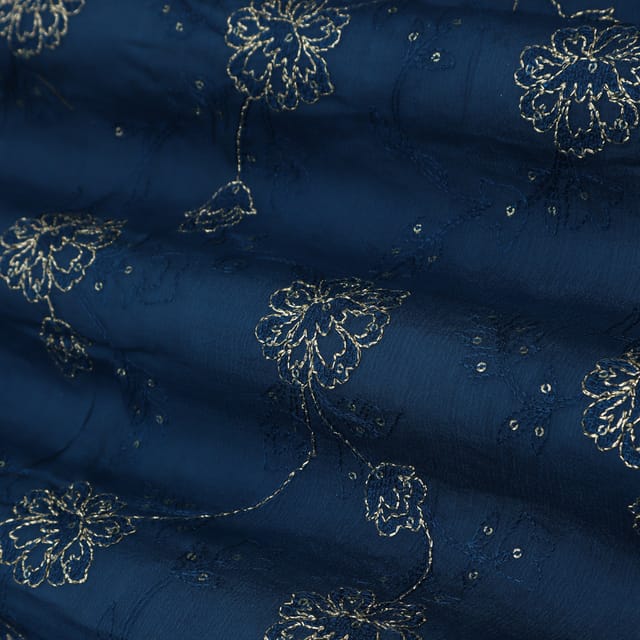 Azure Blue Floral Embroidery Chinon Chiffon Fabric