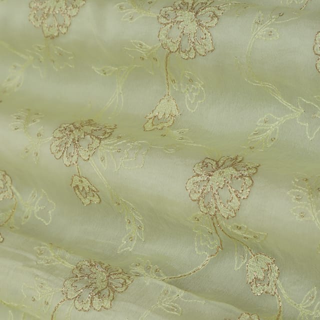 Off White Floral Embroidery Chinon Chiffon Fabric