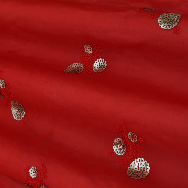 Cherry Red Booti Embroidery Chinon Chiffon Fabric