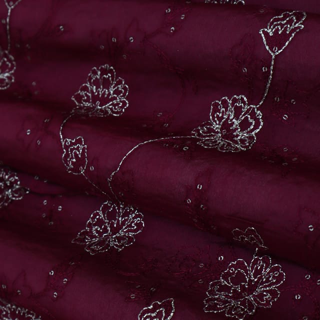 Burgundy Purple Floral Embroidery Chinon Chiffon Fabric