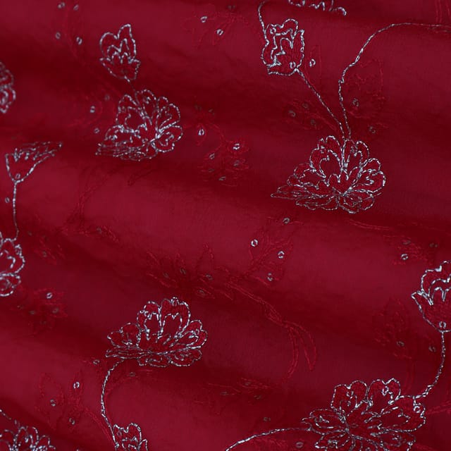 Hot Pink Floral Embroidery Chinon Chiffon Fabric