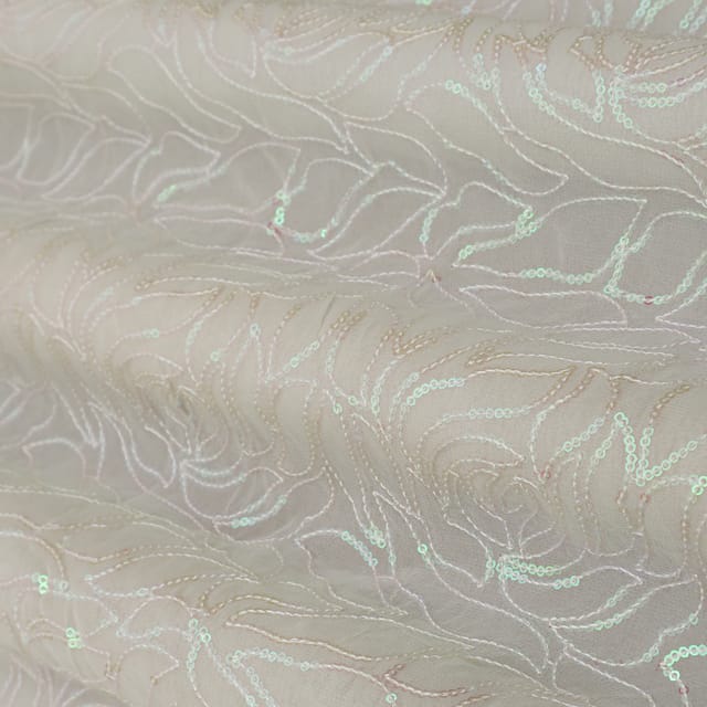 Pearl White Sequins and Threadwork Embroidery Georgette Fabric