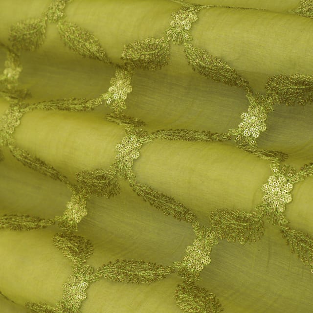 Sage Green Threadwork Embroidery Chanderi Fabric