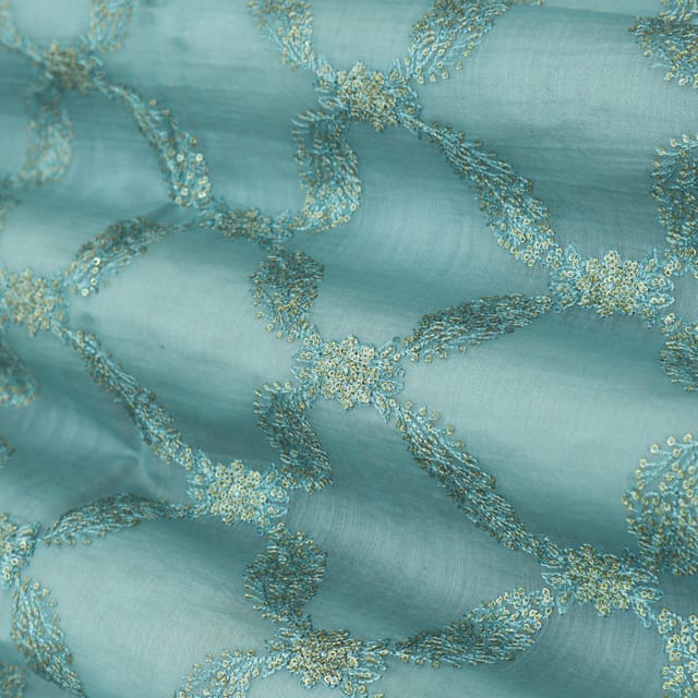 Baby Blue Threadwork Embroidery Chanderi Fabric