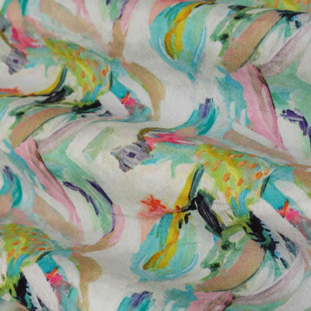 Pearl White and Pastel Multicoloured Abstract Print Velvet Fabric