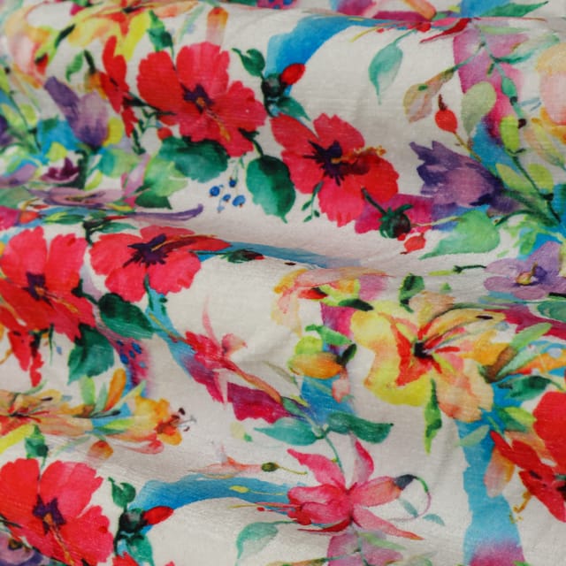 Pearl White and Pastel Multicoloured Floral Print Velvet Fabric