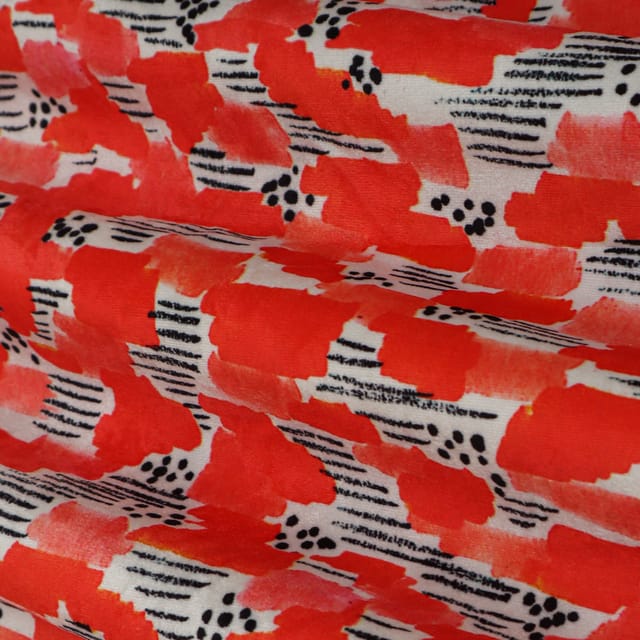 Scarlet Red and White Abstract Print Velvet Fabric